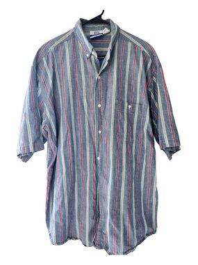 VTG 90s Denim Express Striped Short Sleeve Shirt Large